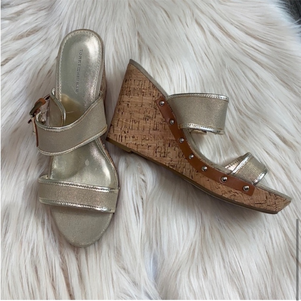 Tommy Hilfiger Gold Cork Wedges with Buckles - Picture 9 of 9